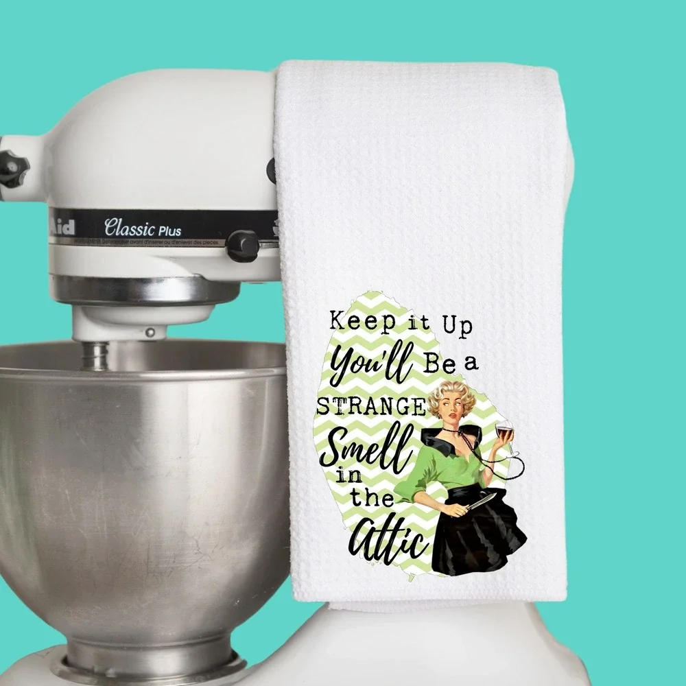 Retro Humor Waffle Weave Kitchen Towel Strange Smell in the Attic White Green